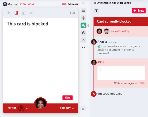 Blocked card with conversation