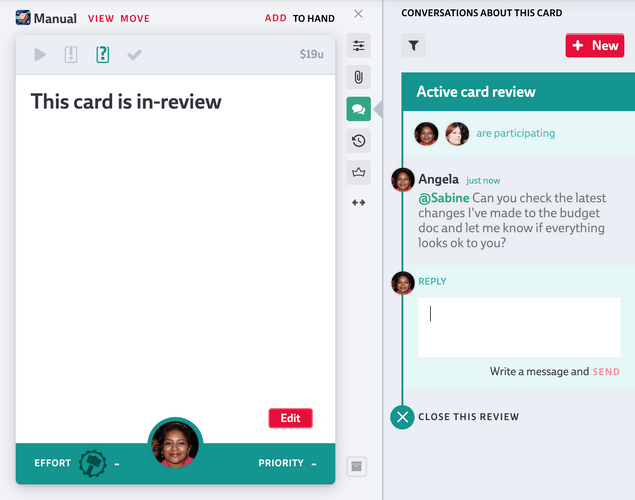 Review card with conversation