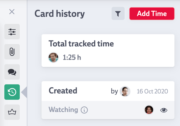 Time tracking and creation information for a card